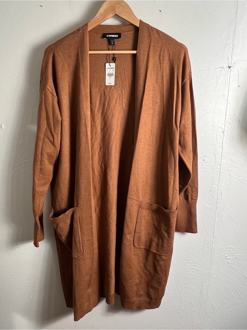NWT EXPRESS Long Open Front Cardigan Sweater Pockets Camel Brown Tan Medium